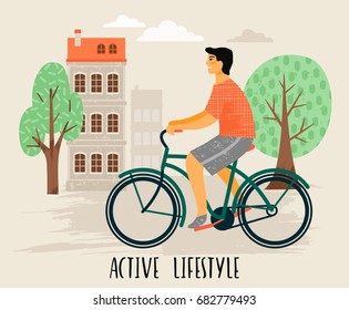 Vector illustration of man on a bicycle. Healthy lifestyle. Design element in pastel colors with textures. 