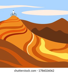 vector illustration of man on cycling trip to the top of a mountain. Orange mountains in the usa