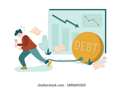 Vector illustration of man on debt. Giant boulder on foot. Difficult to move. Arrow chart going down flat design.