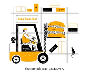 Vector illustration. A man on a forklift carries sacks around the warehouse.