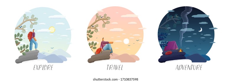 Vector illustration. A man on a hike. A set of images about travel, tourism, adventure, camping.