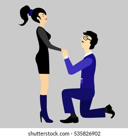 Vector illustration of man on his knees asking, begging for forgiveness woman who is reluctant to accept apology isolated on grey background. Flat style design. Offense