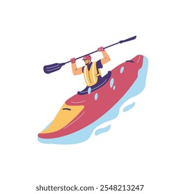 Ilustración vectorial de un hombre en un kayak sosteniendo un remo con un chaleco salvavidas y un casco, flotando por el agua. Un icono con agua salpicando y actividades al aire libre.