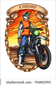 Vector illustration man the motor trail and chain banner   sunset sky background