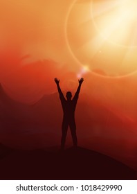 Vector illustration with man on mountains. Hands up. Christian prayer man