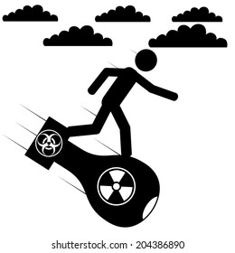 Vector , illustration. A man is on a nuclear bomb.