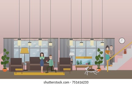 Vector illustration of man on one knee making proposal of marriage to his sweetheart. Living room interior. Flat style design.