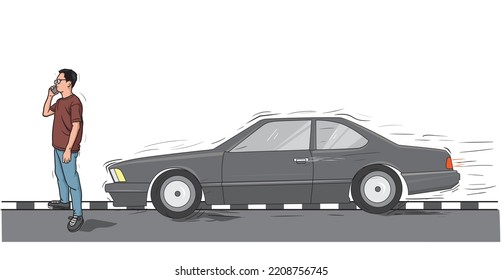 vector illustration of a man on a phone call about to be hit by a car