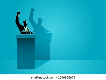 Vector illustration of a man on a podium giving speech with his long nose shadow. Concept of liar.