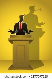 Vector illustration of a man on a podium giving speech with his long nose shadow. Concept of liar