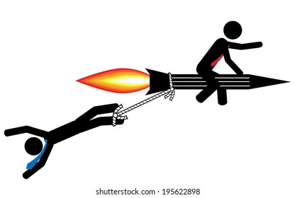 Vector / illustration. Man on the racket drag a man after him.