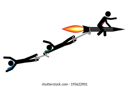 Vector / illustration. Man on the racket drag two men after him.