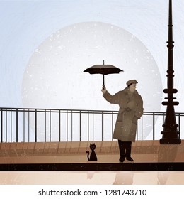 vector illustration. man on the street with an umbrella and a cat. 
