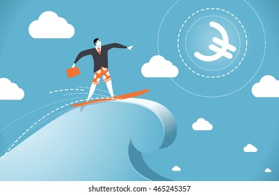 vector illustration of a man on a wave of success, euro, business illustration, vector character
