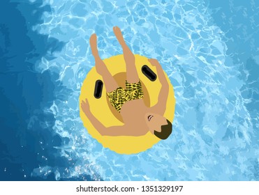 Vector illustration. The man on the yellow tubing in the pool. Summer entertainment. Water pool texture.