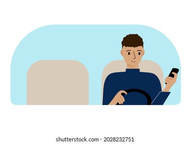 Vector illustration of a man with one hand controls a car and a mobile phone in the other hand