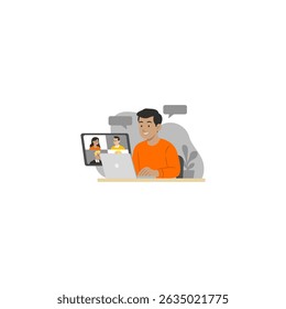 Ilustração vetorial de um homem em uma reunião on-line em casa, usando um laptop. Ideal para trabalho remoto, chamadas de vídeo e temas de comunicação virtual.