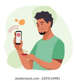 Vector illustration man online shopping and pay mobile contactless with credit card via e wallet