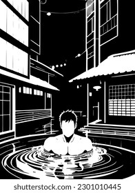 vector illustration of man in onsen outdoor