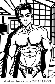 vector illustration of man in onsen room cartoon