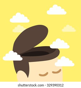 Vector illustration of a man with open head surround with cloud like to open his mind and relax 