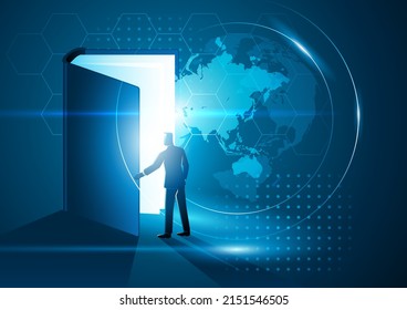 Vector illustration of a man opening a giant book with futuristic background, education, knowledge concept