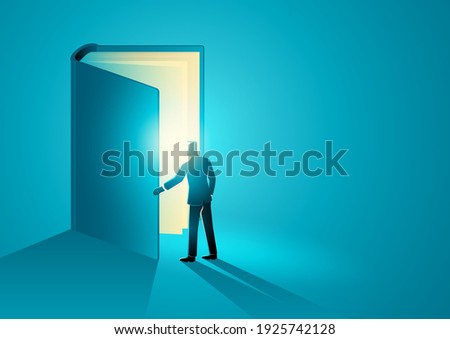 Vector illustration of a man opening a giant book, education, knowledge concept 