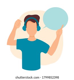 Vector illustration of a man operator in headphones and a blue t-shirt. Speech bubble for text. Consultant, help by phone, technical support, anonymous call, mobile operator.