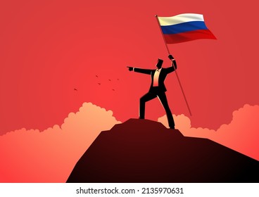 Vector illustration of a man optimistically standing on top of a mountain holding the flag of Russia