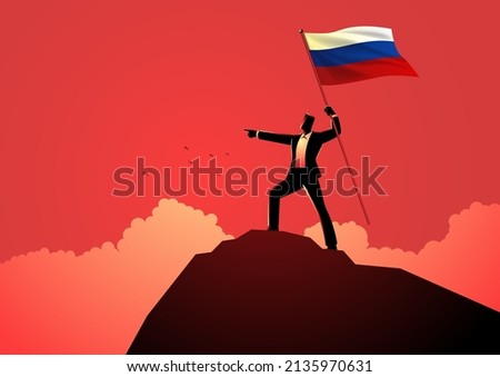 Vector illustration of a man optimistically standing on top of a mountain holding the flag of Russia