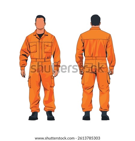 Vector illustration of a man in an orange industrial jumpsuit, shown from front and back views, representing a factory worker, technician, or mechanic in work uniform.