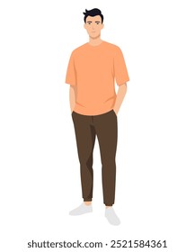 Ilustración vectorial de un hombre con una camiseta naranja y pantalones oscuros