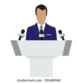 Vector illustration man orator speaking from tribune. Business man in blue suit. Speaker person. Conference speaker. Podium speech. Speaker podium