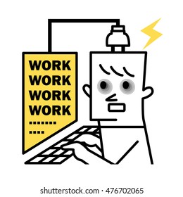 Vector illustration -  A man overworked on computer