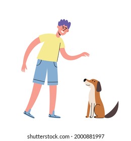 Vector illustration of man owner training her dog