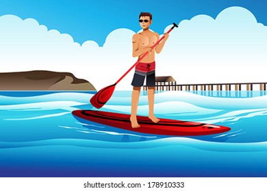 A vector illustration of man paddle boarding in the ocean