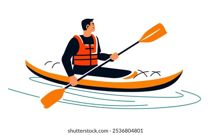 Vector illustration of a man paddling a kayak on water. Designed in flat style, isolated on white background. Ideal for adventure, sports, and water activity-related projects.