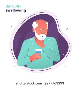 Vector illustration of a man in pain when swallowing. An elderly man suffering from dysphagia holds his throat with his hand. Symptoms of Parkinson's disease, multiple sclerosis, stroke.