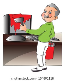 Vector illustration of a man painting computer.