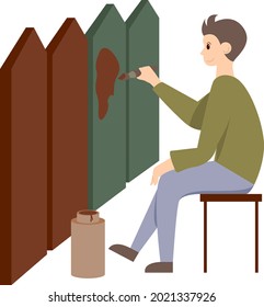 vector illustration. a man paints cares. work, varnish. cleaner, utilities. brush. person, profession