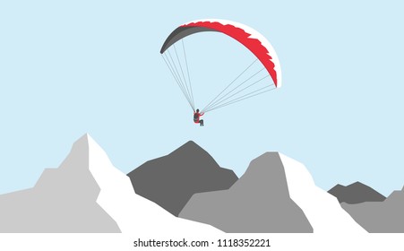 A vector illustration with man in paraglider surrounded by beautiful view and mountains. Paragliding is good outdoor summer and winter activity in the fresh  air.