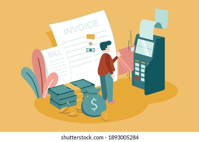 Vector illustration man paying bills at atm machine with credit card. Receipt and invoice from machine. Coins and stack of money flat design