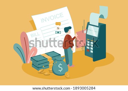 Vector illustration man paying bills at atm machine with credit card. Receipt and invoice from machine. Coins and stack of money flat design