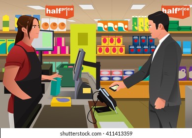 A vector illustration of man paying the cashier at the grocery store using his phone