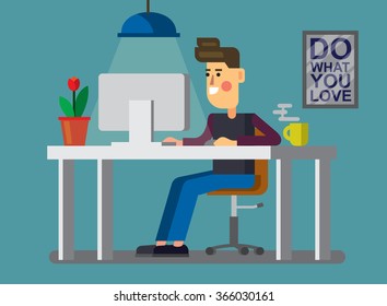 vector illustration of man and pc in office
