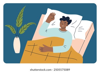 Vector illustration of a man peacefully sleeping in bed, covered with a blanket. Cozy scene with comfortable bedding. Sleep hygiene and bedtime habits. Ideal for themes of relaxation, and wellness