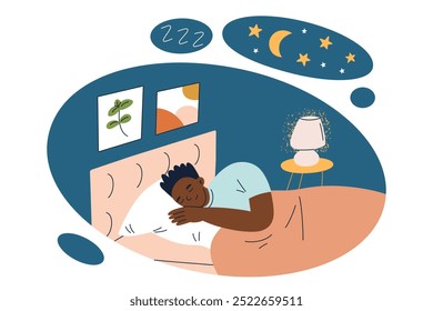 Vector illustration of man peacefully sleeping in bed, cozy bedroom interior with paintings and lamp. Comfortable pillow, blanket and bedding. Night scene with stars and moon. Relaxation, and wellness