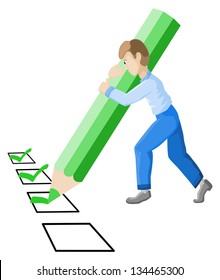 vector illustration of a man with pencil who checks off a check list
