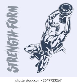 Vector illustration of man performing dumbbell triceps extension exercise strength training from side view