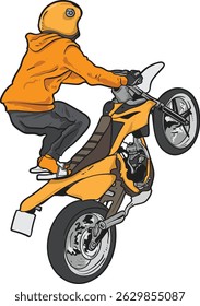 Vector illustration of a man performing a motorcycle stunt. Perfect for use in motorsports content, action themes, streetwear design, and automotive-related materials.